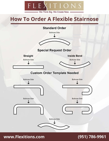 Instructions on how to order a Flexible Stainable 1/2" Overlap Stair Nose for Rounded or Curved steps