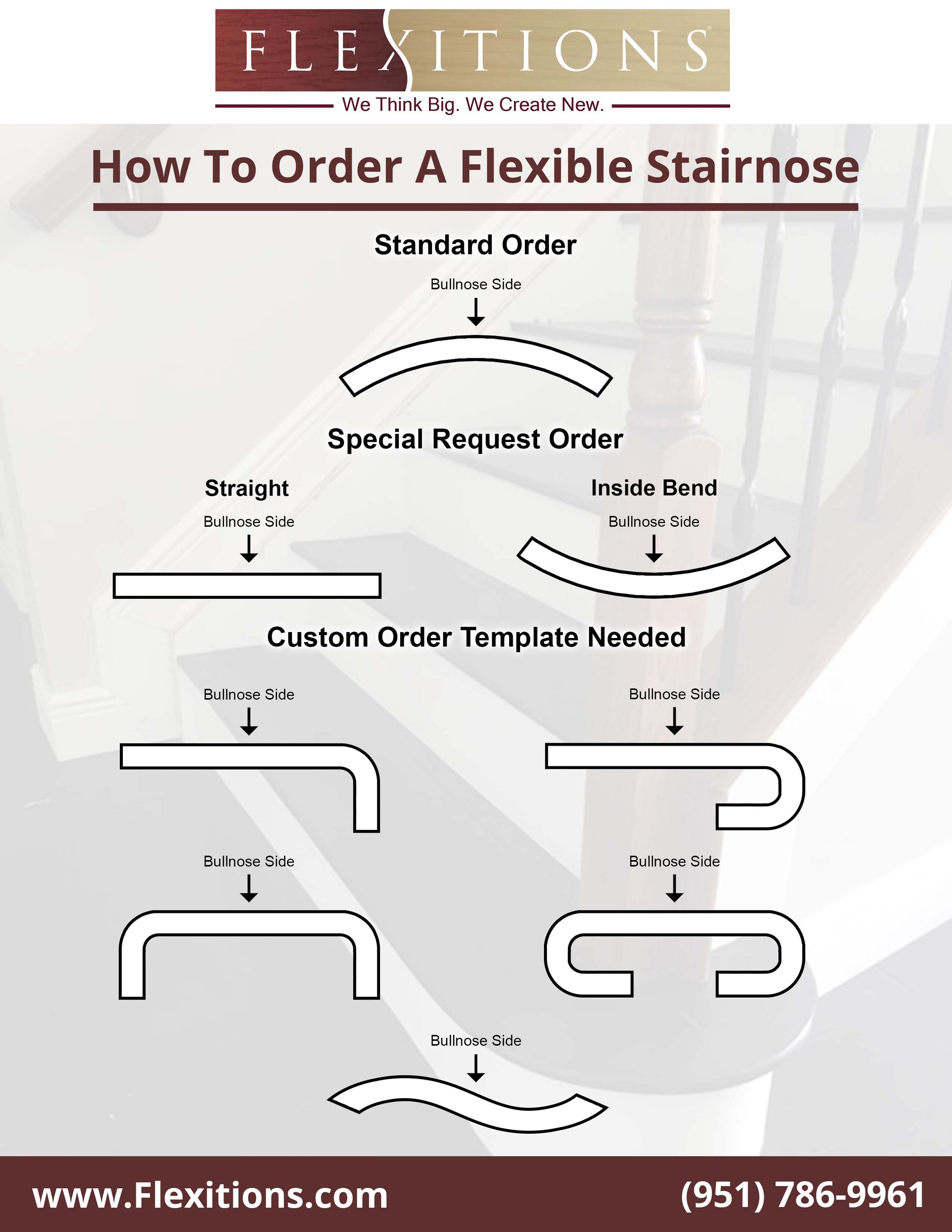 Instructions on how to order Flexible Stainable Stairnose Riser 2 In 1 Combo 84”